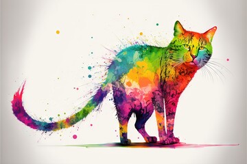  a cat with a colorful tail and tail is standing in front of a white background with a splash of paint on it's body and a white background with a white border, the image is a. Generative AI