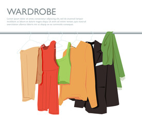 Web landing page template with wardrobe stuff. Closet wardrobe furniture inside. Various trendy clother.