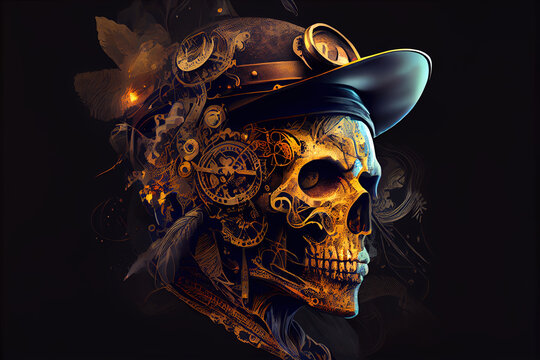 day of the dead steampunk skull unique digital art fantasy cogs skeleton pirate 