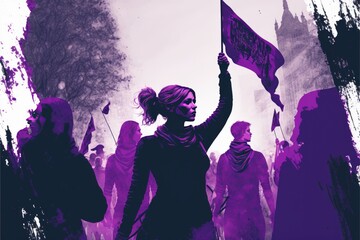 Manifestation on the day of the working woman. Fight for equal rights for women. Black and purple tones. Generative AI