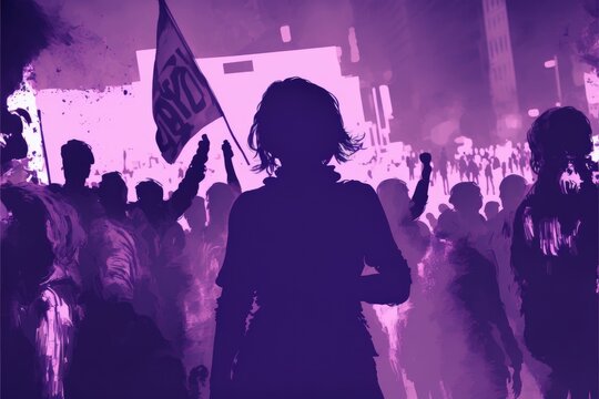 Manifestation on the day of the working woman. Fight for equal rights for women. Black and purple tones. Generative AI