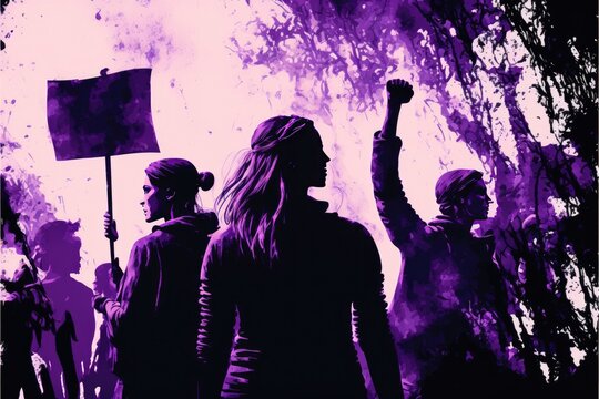 Manifestation on the day of the working woman. Fight for equal rights for women. Black and purple tones. Generative AI
