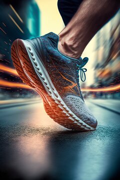 illustration of sports shoes, running through a modern street, image generated by AI