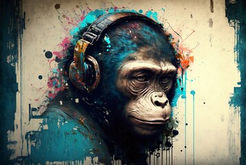 Abstract painting of a monkey with headphones made with generative AI technology - obrazy, fototapety, plakaty