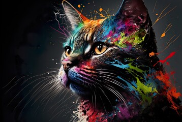 Abstract painting of a multicolored cat made with generative AI technology