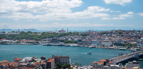 View from the roof of the Bosphorus Strait, the bridge and the mosque. Summer panoramic landscape in Istanbul, Turkey