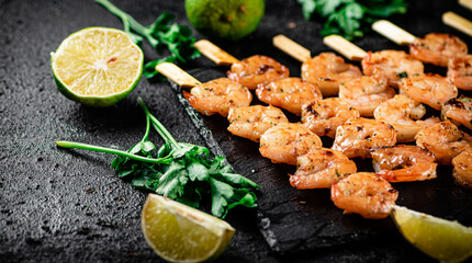 Grilled shrimp on a stone board with parsley and lime.