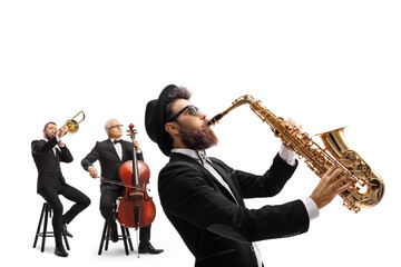 Man playing a sax and other artists playing a trombone and a cello