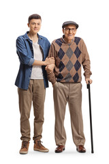 Full length portrait of a guy helping an elderly man walking with a cane
