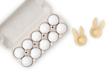 ten white chicken eggs in a cardboard box and an egg stand in the form of a rabbit on a white background