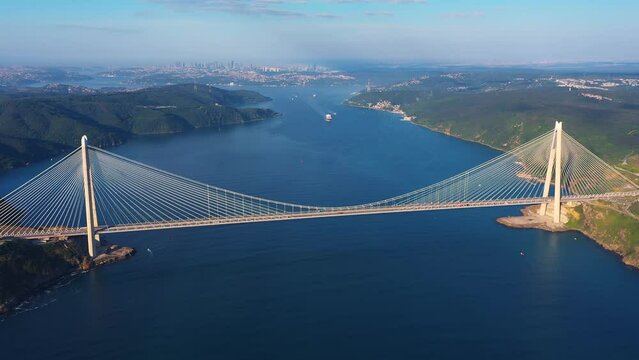 Bosphorus Istanbul. Yavuz Sultan Selim Bridge crosses Bosporus Sea between Europe and Asia. Main span of 1408 meters, one of longest railroad suspension bridges. Towers are 330m high
