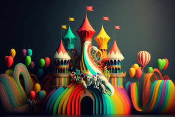 Obraz premium abstract fantasy 3d rainbow carnival deign on dark background,generative,ai.