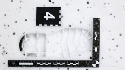 Ślad podeszwy buta odciśnięty w śniegu zabezpieczany na miejscu przestępstwa. 