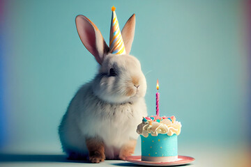 Portrait von einem Hase mit Partyhut und Geburtstagstorte am Geburtstag feiern vor pastellfarbenen Hintergrund - Generative Ai - obrazy, fototapety, plakaty