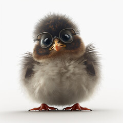 little fluffy chick with glasses on a white background