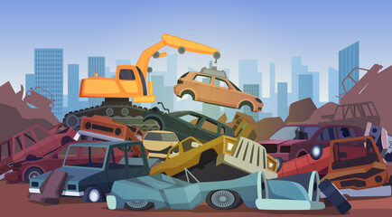 Car dump. Damaged destroyed old broken cars in big stack for recycling processes exact vector junkyard cartoon background - obrazy, fototapety, plakaty