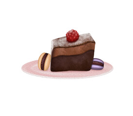Watercolor chocolate piece of cake and macaroons at the pink plate, hand drawn isolated illustration