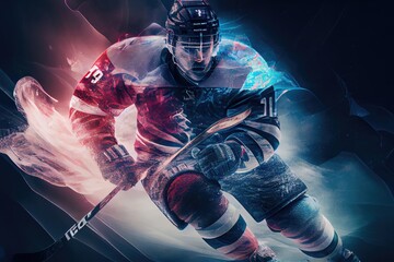 multi exposure illustration of ice hockey player in motion, generative ai