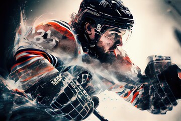 multi exposure illustration of ice hockey player in motion, generative ai