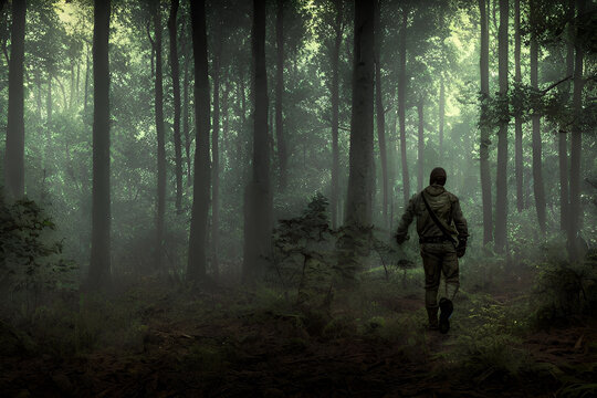 hunter in forest wildlife outdoor AI generated content