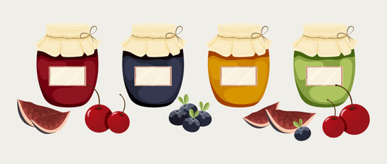 A set of Jars with jam from berries. Vector stock illustration. White background. isolated. Sweetness for bread. Food. yummy