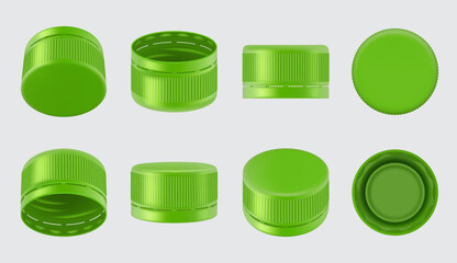 Bottle cap. Water and alcoholic drinks polyethylene caps decent vector colorful realistic templates