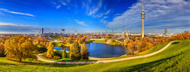 Autumn cityscape, panorama, banner - view of the Olympiapark or Olympic Park and Olympic Lake in...