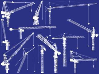 twelve building cranes isolated on blue