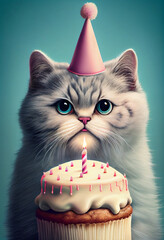 Fototapeta na wymiar Portrait von einer Katze mit Partyhut und Geburtstagstorte am Geburtstag feiern vor pastellfarbenen Hintergrund - Generative Ai 