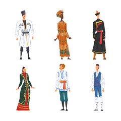 People of Different Nationality Wearing Ethnic Clothing Standing Pose Vector Set