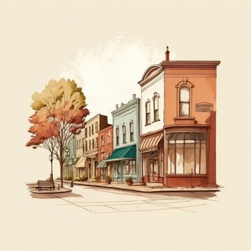 Lightly colored ink sketch of imaginary small town Main Street created by generative AI
