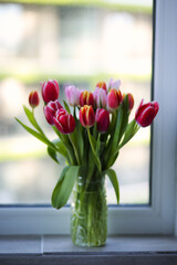 beautiful, colorful tulips in a vase, stand by the window, spring mood