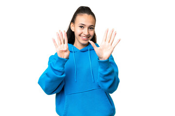 Young Arabian woman over isolated chroma key background counting nine with fingers
