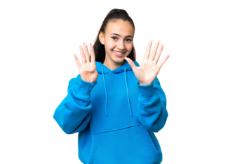 Young Arabian woman over isolated chroma key background counting nine with fingers