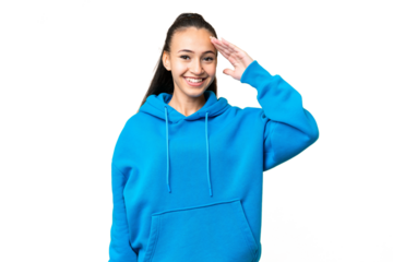 Young Arabian woman over isolated chroma key background saluting with hand with happy expression