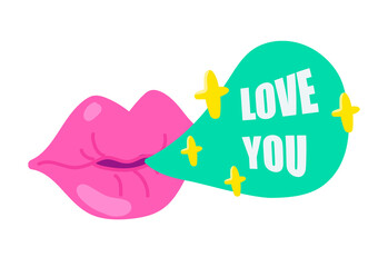 Woman lips with pink lipstick and Love you text in bubble. Illustration in cartoon sticker design