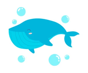 Zelfklevend Fotobehang Cute whale swims with bubbles. Ocean underwater fauna and nature. Illustration in cartoon sticker design © alexdndz
