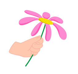 Human hand holding big pink flower. Spring and summer nature season. Illustration in cartoon sticker design