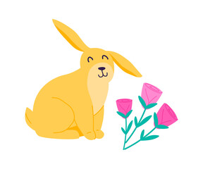 Cute rabbit or hare sits near rose flowers. Spring nature season. Illustration in cartoon sticker design