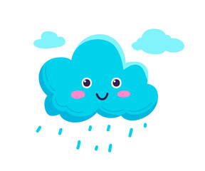 Cute cloud with smiling face and raindrops. Spring nature season. Illustration in cartoon sticker design