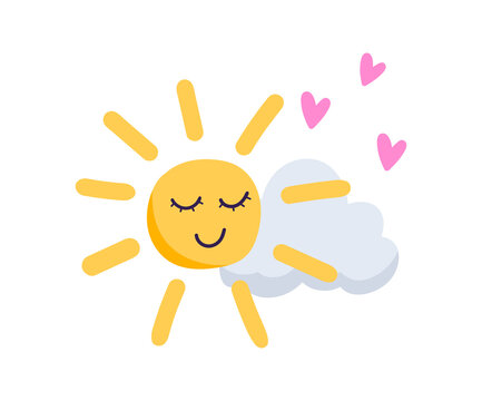 Lovely sun with cute face and cloud. Spring and summer nature season. Illustration in cartoon sticker design