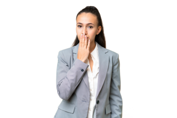 Young Arabian woman over isolated chroma key background covering mouth with hand