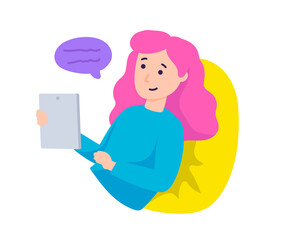 Happy woman chatting online at smartphone. Stay at home. Illustration in cartoon sticker design