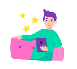 Man using smartphone for networking and chatting online. Stay at home. Illustration in cartoon sticker design