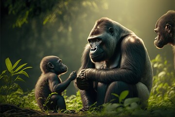  a baby gorilla is touching the hand of a gorilla in the jungle with two adult gorillas nearby in the background, and a third gorilla is holding the hand of the baby gorilla's hand. , AI - obrazy, fototapety, plakaty