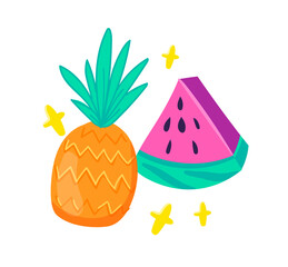 Fresh pineapple and watermelon, seasonal fruits. Summer vacation. Illustration in cartoon sticker design