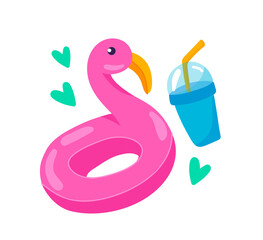 Pink flamingo inflatable rubber ring and cold drink. Summer vacation. Illustration in cartoon sticker design © alexdndz
