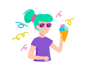 Happy woman in sunglasses eating ice cream. Summertime rest. Illustration in cartoon sticker design