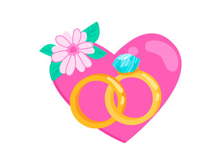 Bride and groom rings with flowers and heart. Wedding celebration. Illustration in cartoon sticker design