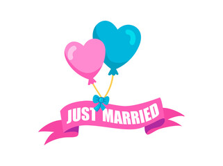 Just married text ribbon with and balloons. Wedding celebration. Illustration in cartoon sticker design